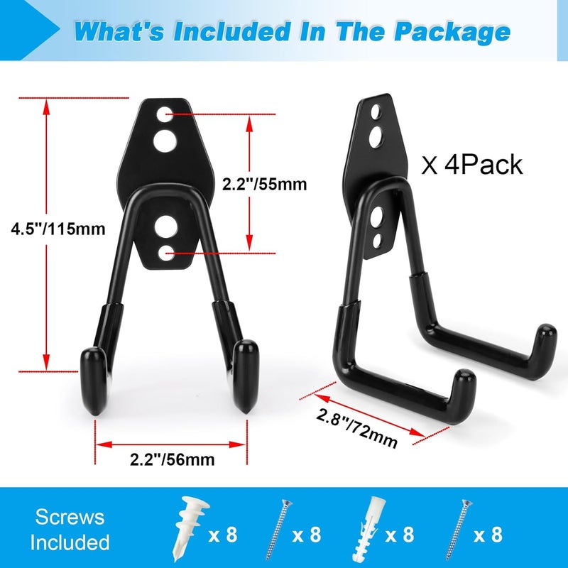 Suprom 4 Pack Garage Hooks Heavy Duty - Supports 100 lbs, Utility Steel Garage Hanger & Organizer for Organizing Garden Lawn Tools, Ladders, Garden Hose, Digging Shovel, Bikes, Ropes - Image 2